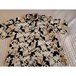 Puritan Shirt Men ,L Blue Beige Bahamas Palm Trees Resort 100% Cotton